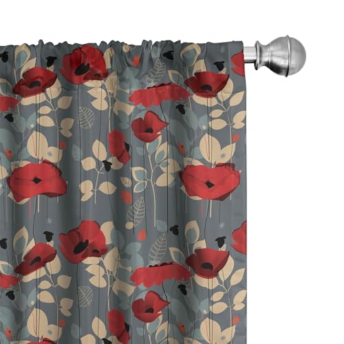 ABAKUHAUS Mohn Vorhänge 2er-Pack, Abstraktion Eines Wachsenden Blumengarten Verlässt Botanisch Moderne Natur Anzeige, Vorhang für Wohnzimmer Schlafzimmer, 4 Stück 75 cm x 245 cm, Beige Rot von ABAKUHAUS