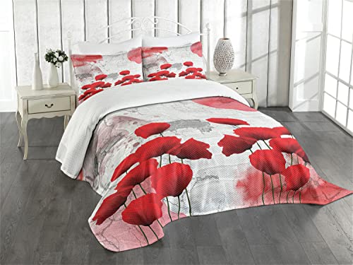 ABAKUHAUS Mohnblume Tagesdecke Set, Blühende ländlichen Bereich, Set mit Kissenbezügen Waschbar, für Doppelbetten 220 x 220 cm, Rot-graue Kokosnuss von ABAKUHAUS