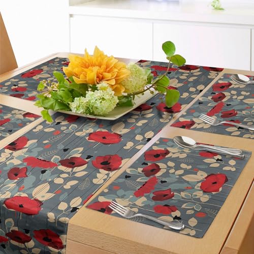 ABAKUHAUS Mohnblume Tischläufer & 4 Stück Tischsets, Abstraktion eines wachsenden Blumengartens hinterlässt botanische Moderne Natur, Set für die Tischdekoration, 180 cm x 40 cm, Grau Rot Beige von ABAKUHAUS