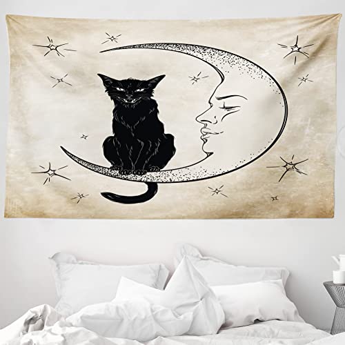 ABAKUHAUS Mond Wandteppich und Tagesdecke Katze sitzt auf Mondgesicht mit Sternen im Hintergrund Cartoon Style abbildungaus Weiches Mikrofaser Stoff 230 x 140 cm Pflegeleicht, Braun Schwarz von ABAKUHAUS