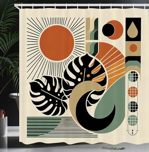 ABAKUHAUS Monstera Duschvorhang, Geometrische Formen Sonnensymbole und Natur Abstrakt Boho Mid Century Stil, Stoffliches Gewebe Badezimmerdekorationsset mit Haken, 175 x 200 cm, Zimt Schwarz Beige ABAKUHAUS Monstera Duschvorhang, Geometrische Formen Sonnensymbole und Natur Abstrakt Boho Mid Century Stil, Stoffliches Gewebe Badezimmerdekorationsset mit Haken, 175 x 200 cm, Zimt Schwarz Beige von ABAKUHAUS