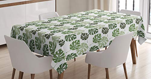 ABAKUHAUS Monstera Tischdecke, Tropischen Dschungel Leaves, Wasserfest Waschbar mit Klar Sichtbaren Farben kein Verblassen Personalisiert, 140 x 170 cm, Weiß und Grün von ABAKUHAUS