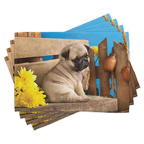 ABAKUHAUS Mops Platzmatten, Entzückende Welpen-Fotografie mit traurigem Hund und Wildflowers auf Einer Park-Bank, Tiscjdeco aus Farbfesten Stoff für das Esszimmer und Küch, Hellbraun Gelb Blau von ABAKUHAUS
