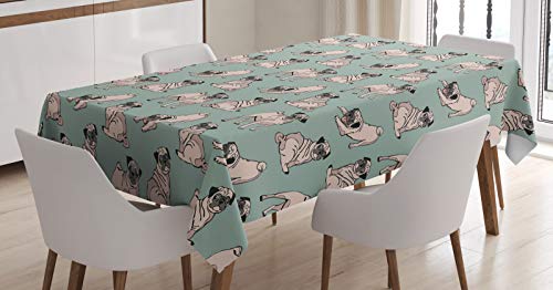 ABAKUHAUS Mops Tischdecke, Sitzen Dehnen Hund, Pflegeleicht mit Modernster Druck Technologie Waschbar und Personalisiert, 140 x 170 cm, Türkis von ABAKUHAUS