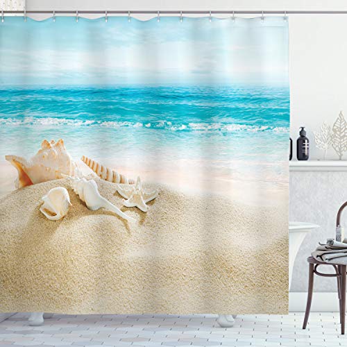 ABAKUHAUS Muscheln Duschvorhang, Pastell-Strand-Szene, Stoffliches Gewebe Badezimmerdekorationsset mit Haken, 175 x 220 cm, Aqua Beige von ABAKUHAUS