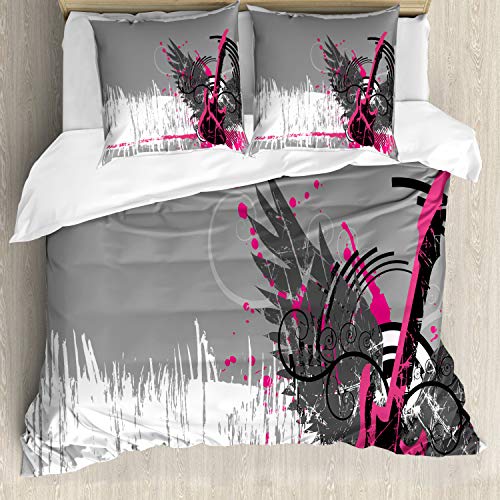 ABAKUHAUS Musik Bettbezug Set, Emo Rock-Trippy Grunge, Milbensicher Allergiker geeignet mit Kissenbezügen, 155 cm x 200 cm - 80 x 80 cm, Dimgrey Hot Pink von ABAKUHAUS