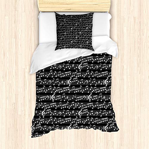 ABAKUHAUS Musik Bettbezug Set, Musical Note Drucken, Milbensicher Allergiker geeignet mit Kissenbezügen, 135 cm x 200 cm - 80 x 80 cm, Schwarz und weiß von ABAKUHAUS