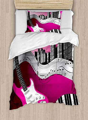 ABAKUHAUS Musik Bettbezug Set für Einzelbetten, Städtischer Bass Guitar Rock, Milbensicher Allergiker geeignet mit Kissenbezug, 130 x 200 cm - 70 x 50 cm, Pink Pale Grau Schwarz von ABAKUHAUS