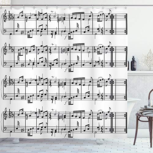 ABAKUHAUS Musik Duschvorhang, Hinweise zum Clef, Stoffliches Gewebe Badezimmerdekorationsset mit Haken, 175 x 220 cm, Schwarz und weiß von ABAKUHAUS