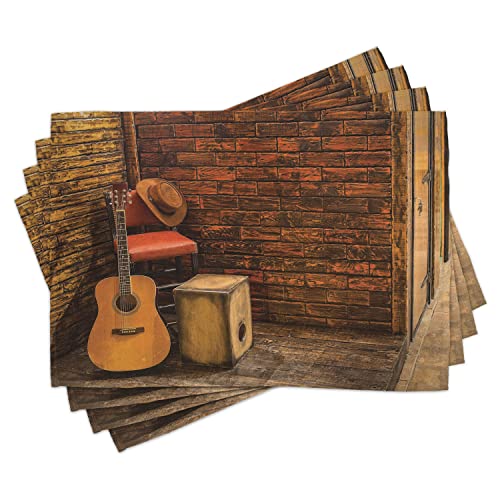 ABAKUHAUS Musik Platzmatten, Musikinstrumente Gitarre und Cajun auf hölzernen Bühne in der Kneipe Gesang Foto, Waschbare Stoff Esszimmer Küche Tischdekorations Digitaldruck, Orange Sand von ABAKUHAUS