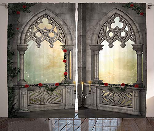 ABAKUHAUS Mystik Rustikaler Gardine, Oriental Rose und Blume, Schlafzimmer Kräuselband Vorhang mit Schlaufen und Haken, 280 x 245 cm, Beige von ABAKUHAUS