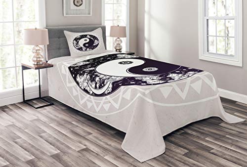 ABAKUHAUS Mystiker Tagesdecke Set, Ying und Yang-Symbol Boho Kunst, Set mit Kissenbezug Maschienenwaschbar, für Einzelbetten 170 x 220 cm, Weiß Beige Schwarz von ABAKUHAUS