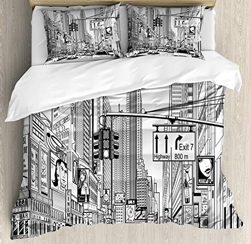 ABAKUHAUS NYC Bettbezug Set für Einzelbetten, Straße von New York Urban Sketch, Milbensicher Allergiker geeignet mit Kissenbezug, 230 x 220 cm - 70 x 50 cm, Charcoal Grau und Weiß von ABAKUHAUS