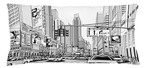 ABAKUHAUS NYC Kissenbezug, Straße von New York Urban Sketch, Dekokissenhüllen Waschbar Inn/Outdoor Beidseitiger Druck mit Reißverschluß, 90 x 40 cm, Weiß Grau von ABAKUHAUS
