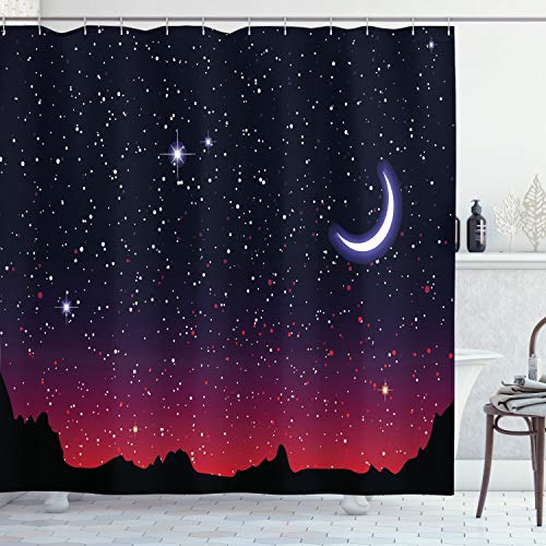 ABAKUHAUS Nacht Duschvorhang, Red Sky Starry Landschaft, Stoffliches Gewebe Badezimmerdekorationsset mit Haken, 175 x 180 cm, Indigo Magenta Schwarz von ABAKUHAUS