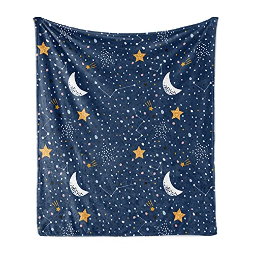 ABAKUHAUS Nachthimmel Weiche Kuscheldecke Sofadecke, Doodle Stil-Mond-Stern, Gemütlicher Plüsch für den Innen- und Außenbereich, 125 x 175 cm, Night Blue Marigold von ABAKUHAUS