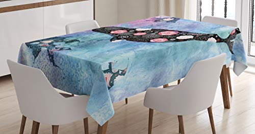 ABAKUHAUS Narwal Tischdecke, Floral Wal- und Fisch, Wasserfest Waschbar mit Klar Sichtbaren Farben kein Verblassen Personalisiert, 140 x 240 cm, Schwarz Blau von ABAKUHAUS