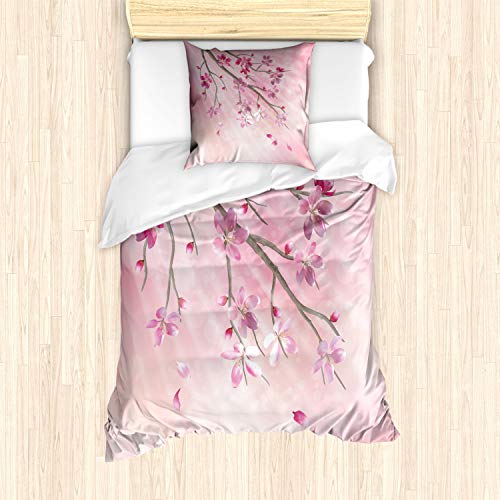 ABAKUHAUS Natur Bettbezug Set, Baum-Zweig mit Blumen, Milbensicher Allergiker geeignet mit Kissenbezügen, 135 cm x 200 cm - 80 x 80 cm, Pink Fuchsie von ABAKUHAUS