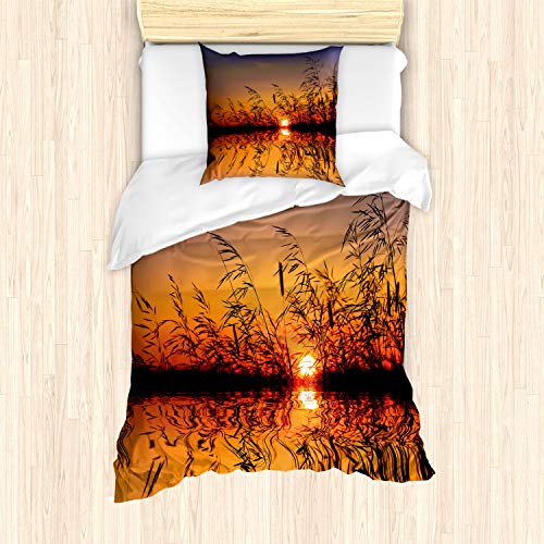 ABAKUHAUS Natur Bettbezug Set, See-Sonnenuntergang-Foto-Szene, Milbensicher Allergiker geeignet mit Kissenbezügen, 135 cm x 200 cm - 80 x 80 cm, Mehrfarbig von ABAKUHAUS