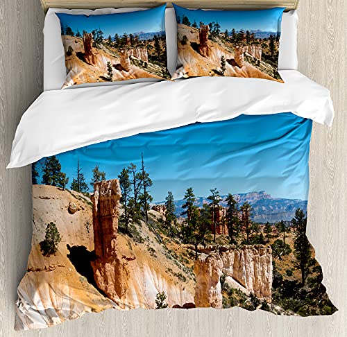 ABAKUHAUS Natur Bettbezug Set für Einzelbetten, Bryce Canyon Nationalpark, Milbensicher Allergiker geeignet mit Kissenbezug, 130 x 200 cm - 70 x 50 cm, Sea Blue und persischer orange von ABAKUHAUS