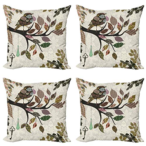 ABAKUHAUS Natur Dekokissen Kissenbezug 4er Pack, Frühlings-Blumen Vögel Französisch, Modern Accent Doppelseitiger Digitaldruck, 40 x 40 cm, Braun Beige von ABAKUHAUS