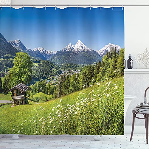 ABAKUHAUS Natur Duschvorhang, Bayerische Alpen Tal Photo, Stoffliches Gewebe Badezimmerdekorationsset mit Haken, 175 x 200 cm, Gelb Grün Blau von ABAKUHAUS