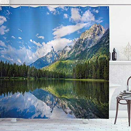 ABAKUHAUS Natur Duschvorhang, Mountain Lake Scenery, Stoffliches Gewebe Badezimmerdekorationsset mit Haken, 175 x 220 cm, Blau Weiß Grün von ABAKUHAUS