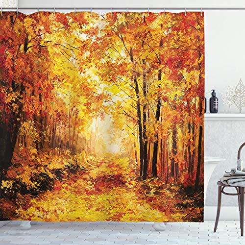 ABAKUHAUS Natur Duschvorhang, Herbst im Relax Wald, Stoffliches Gewebe Badezimmerdekorationsset mit Haken, 175 x 180 cm, Orange Braun von ABAKUHAUS