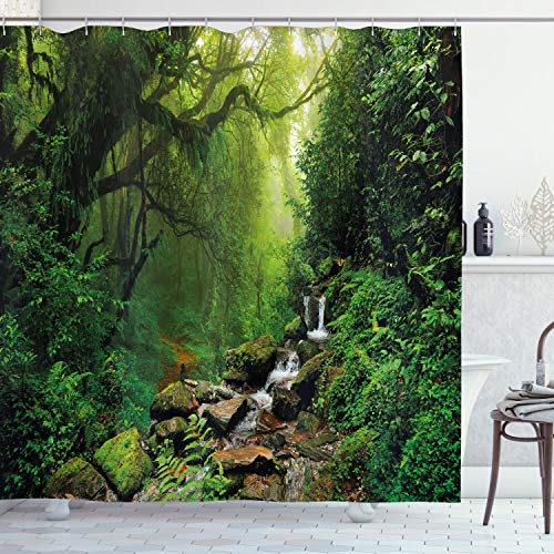 ABAKUHAUS Natur Duschvorhang, Idyllische Wald Entwurf, Stoffliches Gewebe Badezimmerdekorationsset mit Haken, 175 x 180 cm, Jägergrün Smaragdgrün von ABAKUHAUS