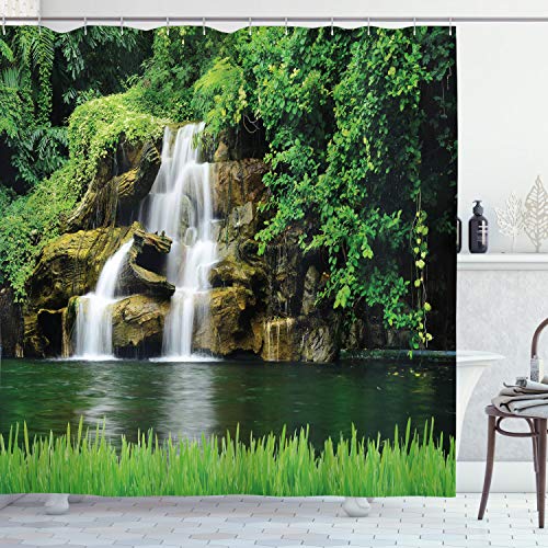 ABAKUHAUS Natur Duschvorhang, Lake Garden Wasserfall, Stoffliches Gewebe Badezimmerdekorationsset mit Haken, 175 x 220 cm, Grün Khaki ABAKUHAUS Natur Duschvorhang, Lake Garden Wasserfall, Stoffliches Gewebe Badezimmerdekorationsset mit Haken, 175 x 220 cm, Grün Khaki von ABAKUHAUS