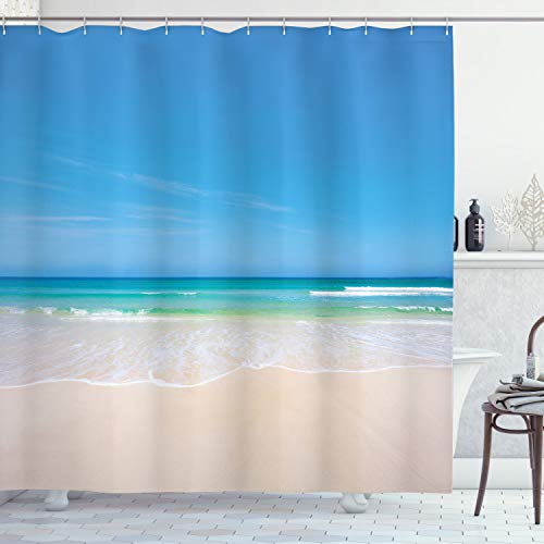 ABAKUHAUS Natur Duschvorhang, Paradise Sunny Sky Szene, Stoffliches Gewebe Badezimmerdekorationsset mit Haken, 175 x 180 cm, Creme Blau von ABAKUHAUS