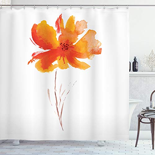 ABAKUHAUS Natur Duschvorhang, Romantisches Poppy, Stoffliches Gewebe Badezimmerdekorationsset mit Haken, 175 x 220 cm, Orange Weiß von ABAKUHAUS