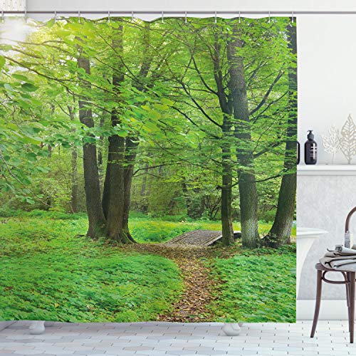 ABAKUHAUS Natur Duschvorhang, Sommer Bäume Ruhige, Stoffliches Gewebe Badezimmerdekorationsset mit Haken, 175 x 220 cm, Grün braun von ABAKUHAUS