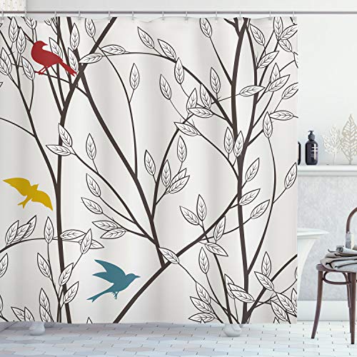 ABAKUHAUS Natur Duschvorhang, Vögel Wildlife Cartoon, mit 12 Ringe Set Stielvoll Modern, 175x200 cm, Senf Kastanienbraun Grau und Blau von ABAKUHAUS