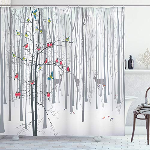 ABAKUHAUS Natur Duschvorhang, Vogelschwarm auf dem Baum, Stoffliches Gewebe Badezimmerdekorationsset mit Haken, 175 x 180 cm, Mehrfarbig von ABAKUHAUS