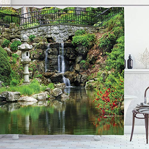 ABAKUHAUS Natur Duschvorhang, Wasserfall Garten, Stoffliches Gewebe Badezimmerdekorationsset mit Haken, 175 x 200 cm, Grün Weiß von ABAKUHAUS