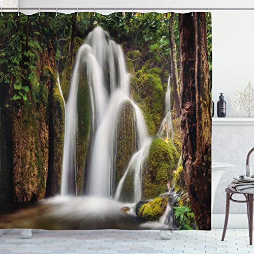 ABAKUHAUS Wasserfall Duschvorhang, Wasserfall Wald Cascade, Stoffliches Gewebe Badezimmerdekorationsset mit Haken, 175 x 240 cm, Weiß Grün von ABAKUHAUS