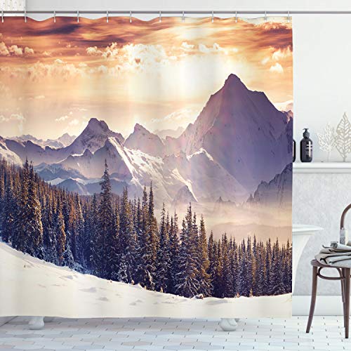 ABAKUHAUS Natur Duschvorhang, Winterabend Berg, Stoffliches Gewebe Badezimmerdekorationsset mit Haken, 175 x 240 cm, Mehrfarbig von ABAKUHAUS