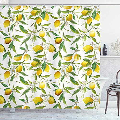 ABAKUHAUS Natur Duschvorhang, Lemon Woody Romantic, Stoffliches Gewebe Badezimmerdekorationsset mit Haken, 175 x 200 cm, Grün Weiß Gelb von ABAKUHAUS