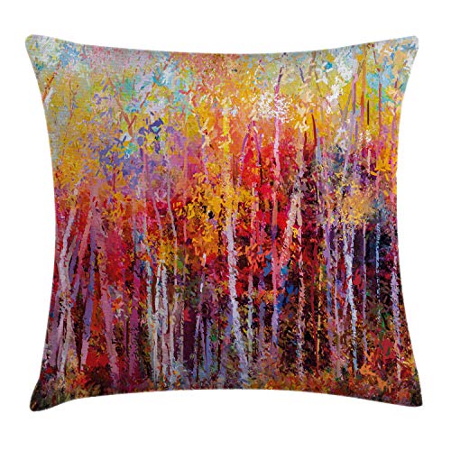 ABAKUHAUS Natur Kissenbezug, Herbst-Wald-Malerei, aus Farbfesten Waschbaren Stoff Beidseitiger Druck mit robusten Reißverschluß, 40 x 40 cm, Gelb Orange von ABAKUHAUS