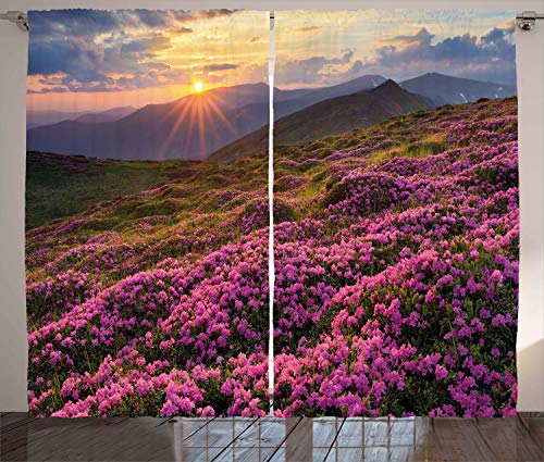 ABAKUHAUS Natur Rustikaler Gardine, Blumenwiese Berg, Schlafzimmer Kräuselband Vorhang mit Schlaufen und Haken, 280 x 260 cm, Pink Grün von ABAKUHAUS