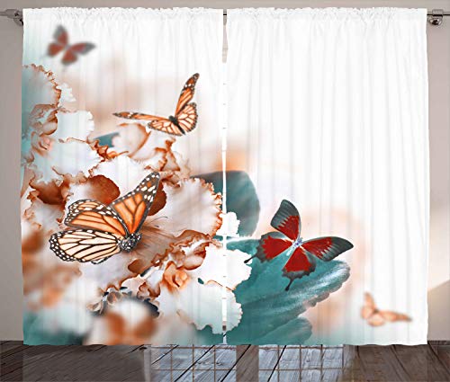ABAKUHAUS Natur Rustikaler Gardine, Bunte Schmetterlinge fliegen, Schlafzimmer Kräuselband Vorhang mit Schlaufen und Haken, 280 x 245 cm, Hellorange Weiß von ABAKUHAUS