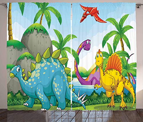 ABAKUHAUS Natur Rustikaler Gardine, Dinosaurier im Dschungel, Schlafzimmer Kräuselband Vorhang mit Schlaufen und Haken, 280 x 225 cm, Lila Aqua von ABAKUHAUS