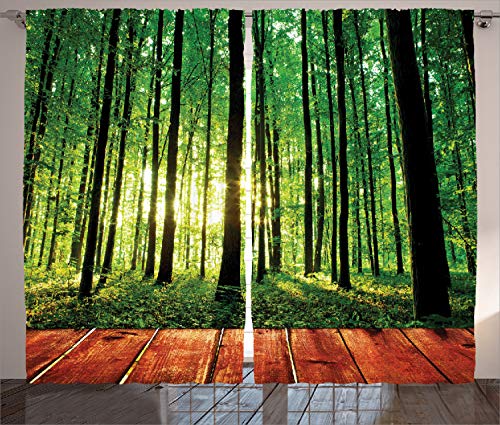 ABAKUHAUS Natur Rustikaler Gardine, Sonnenlicht Wald Bäume, Schlafzimmer Kräuselband Vorhang mit Schlaufen und Haken, 280 x 225 cm, Armeegrün braun von ABAKUHAUS