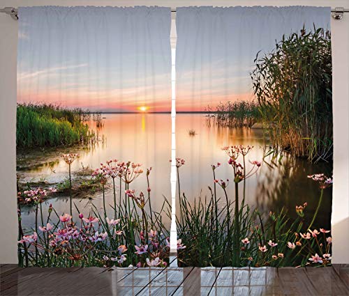 ABAKUHAUS Natur Rustikaler Vorhang, Sonnenuntergang am See Chudskoy, Wohnzimmer Universalband Gardinen mit Schlaufen und Haken, 280 x 245 cm, Hellrosa von ABAKUHAUS