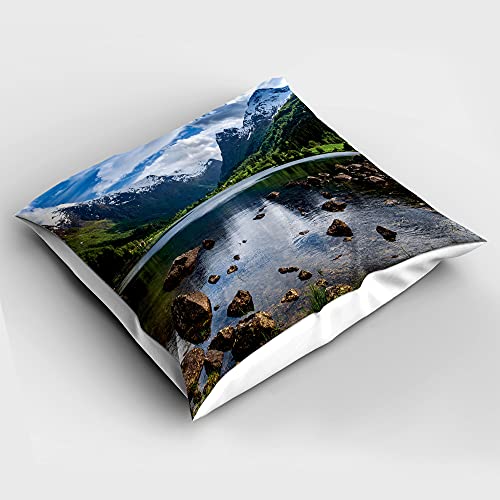 ABAKUHAUS Natur Schlafkissenbezug, Fluss Open Sky Norwegen, Dekorativer Weicher Mikrofaser-Kissenbezug Bedruckt, 80 cm x 80 cm, Weiß Grün Braun von ABAKUHAUS