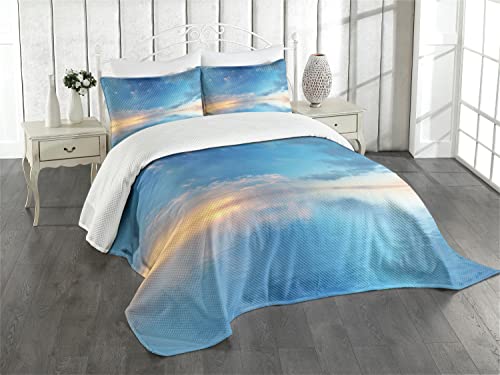 ABAKUHAUS Natur Tagesdecke Set, Ozean-Horizont Wolken Himmel, Set mit Kissenbezug Feste Farben, für Einzelbetten 170 x 220 cm, Blau von ABAKUHAUS