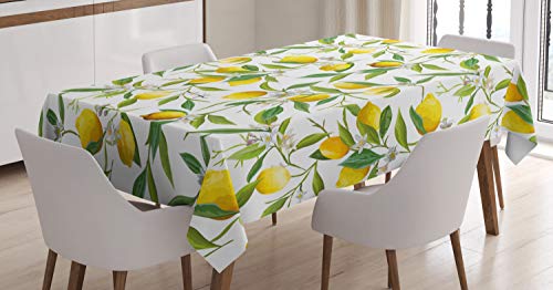 ABAKUHAUS Natur Tischdecke, Lemon Woody Romantic, Personalisierter Druck Klare Farben ohne Verblassen Waschbar für Außen Bereich, 140 x 200 cm, Farngrün Gelb Weiß von ABAKUHAUS