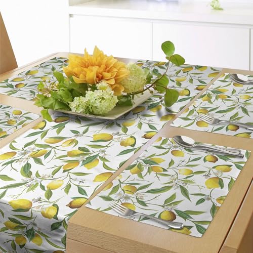 ABAKUHAUS Natur Tischläufer & 4 Stück Tischsets, Blühende Zitrone Woody Plant Romance-Lebensraum-Zitrusfrucht-frischer Hintergrund, Tischdeko-Set, 180 x 40 cm, Grün Weiß von ABAKUHAUS