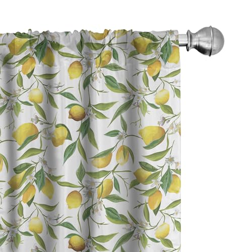 ABAKUHAUS Natur Vorhänge, Gardinen, Lemon Woody Romantic, Fensterbehandlungen für Wohnzimmer Schlafzimmer Dekor, 2 Stück 75 cm b x 175 cm h, Farn-Grün Gelb Weiß von ABAKUHAUS